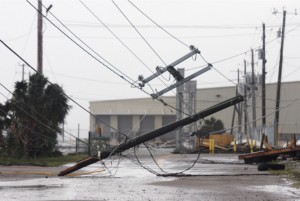 Power lines knocked down by high winds are seen at the State Port, where Hurricane Gustav made landfall Gulfport. (AP Photo/Sun Herald, Pat Sullivan)